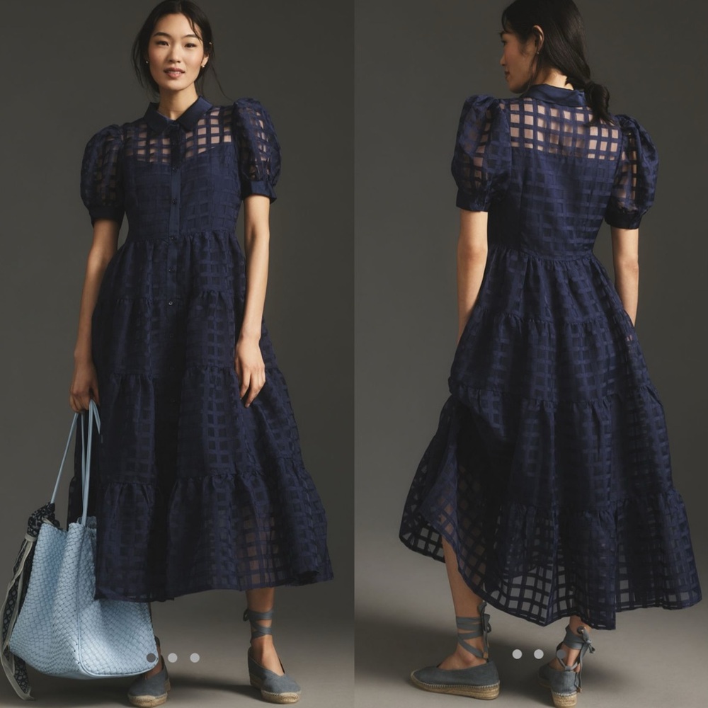 English factory Organza short sleeve button front midi dress - Picture 5 of 11
